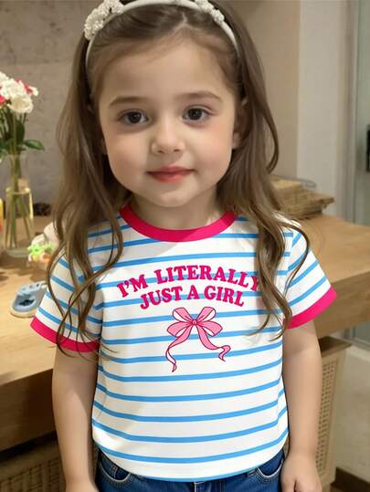 Toddler Girls' Round Neck Short Sleeve Top, Comfortable Casual Lazy Summer T-Shirt, Classic Versatile Outfit, Blue & White Striped Front Letter & Bow Print, Fresh Active Outdoor Sports Style
