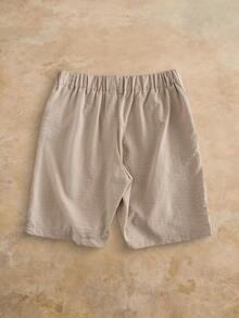 VENTUSAIL Men's Solid Color Pleated Waist Belt Loop Casual Summer Textured Fabric Shorts - Khaki - View 2