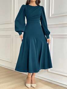 Modelyn Damen einfarbiges Midi-Kleid mit rundem Ausschnitt, Langarm, Lässig Plissee, lange Abendkleider - Taubenblau - Übersicht 7