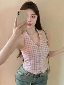 Joudiya Áo tank top cổ chữ V kẻ caro hồng cho ngày Valentine, thích hợp mặc đi dự tiệc hoặc đi học, dành cho nữ. - Hồng - Xem 5