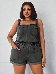 Slaydiva Plus Size Summer High Waist Multi-Pocket Washed Denim Jumpsuit - Grey - View 3