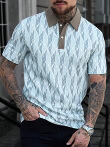 Manfinity CasualCool 男士休闲撞色领 Polo 衫，日常通勤及休闲短袖上衣 - 彩色 - 查看 1