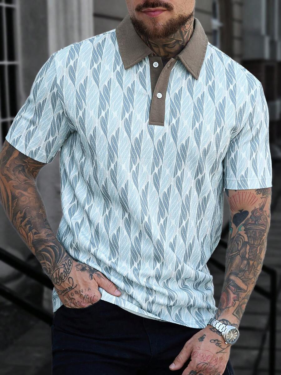 Manfinity CasualCool 男士休闲撞色领 Polo 衫，日常通勤及休闲短袖上衣 - 彩色 - 查看 1