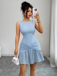 Elenzga Đầm mini không tay ôm sát, thanh lịch, dễ thương dành cho nữ nhân dịp Lễ Tình nhân. - Màu xanh lam - Xem 3