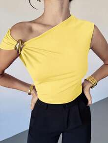 Firerie Women's Casual Elegant Metal Decoration Asymmetrical Shoulder T-Shirt, Suitable For Going Out, Party And Other Occasions/Fall For Women/Halloween Costume Women/Red Christmas T-Shirt/New Year/Party Top/Elegant Women's Top/Burgundy Top, Summer Top - Yellow - View 6
