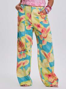 MUSERA Plus Size Floral Print Flared Denim Jeans Spring Summer Festival Holiday Vacation Cute Sexy Party Y2k Euphoria - Multicolor - View 2