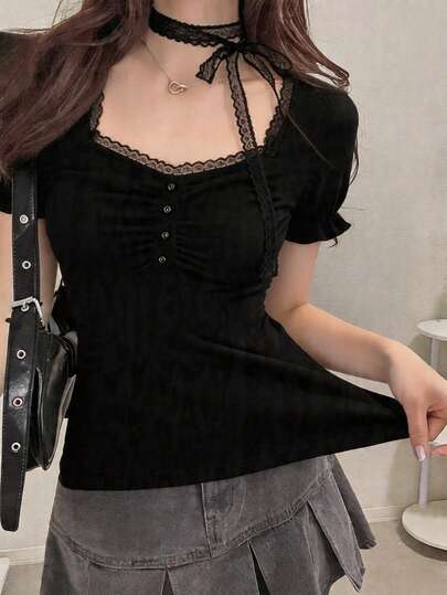 FRIFUL 女士纯色撞色蕾丝心形领短袖修身优雅T恤