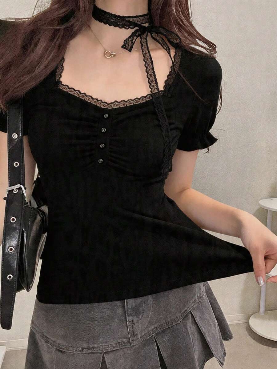 FRIFUL Women's Solid Color Contrast Lace Sweetheart Neck Short Sleeve Fitted Elegant T-Shirt Summer - Black - View 1