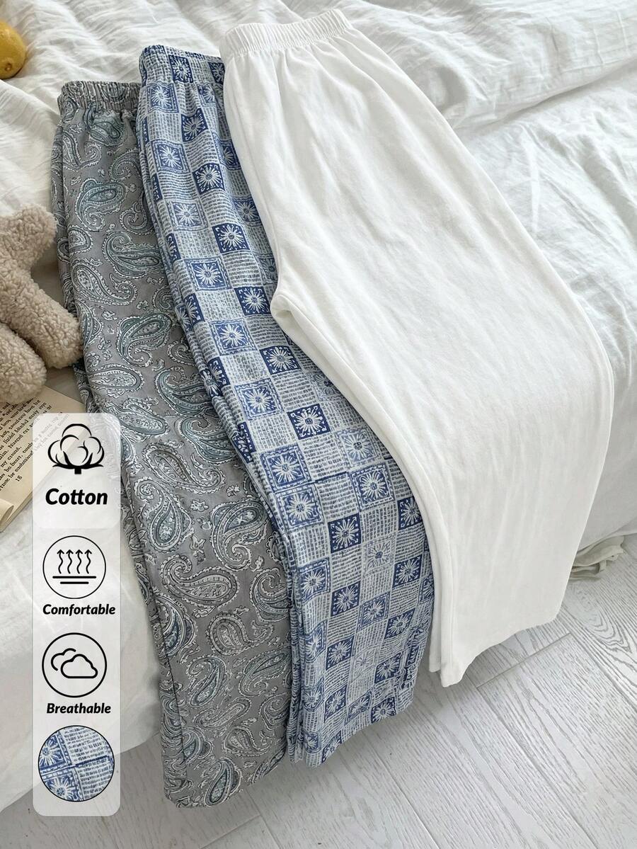 SHEIN Cotton Line 女士舒适高腰长款休闲三件套睡裤 - 彩色 - 查看 1