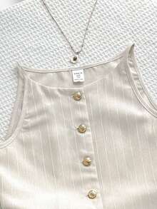 SHEIN Bộ đồ thường ngày thoải mái cho bé gái tuổi teen: áo cổ tròn không tay và quần short. - Màu be - Xem 4