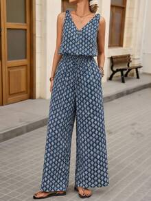 Brillora Women's Beach Vacation Sleeveless Wide Leg Jumpsuit With All-Over Print, Spring/Summer - Navy Blue - View 3