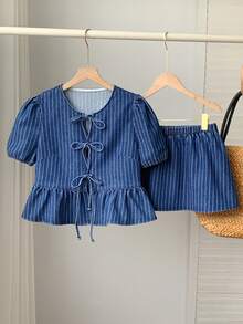 Brillora 女士休闲度假通勤条纹印花荷叶边上衣（前系结）及半裙套装，夏季 - 深色水洗藍 - 查看 3