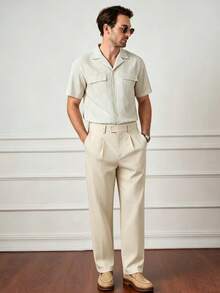 Core Aspect Men's Khaki Cropped Dress Pants With Pockets Plain Woven Fabric Minimalist Casual Style - Khaki - View 7