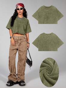 Comfortcana Women's Summer Basic Short Sleeve T-Shirt, Made Of Pure Cotton Fabric With Washing Treatment, Military Green,Summer Top - Army Green - View 6