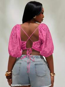 Radiana Chic Women's Fuchsia Hot Eyelet Short Sleeve Blouse With Open Back Design - Hot Pink - View 1