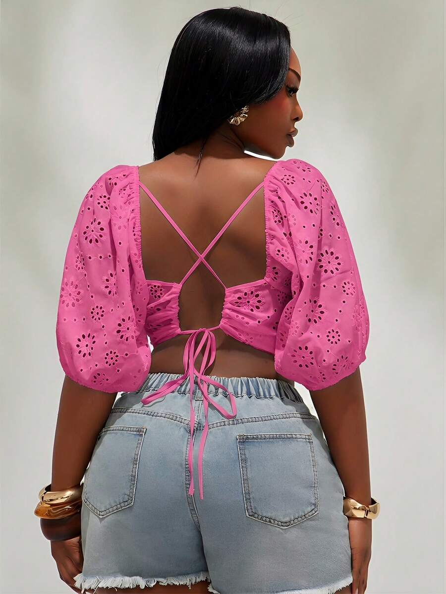 Radiana Chic Women's Fuchsia Hot Eyelet Short Sleeve Blouse With Open Back Design - Hot Pink - View 1