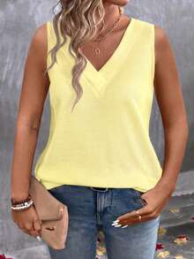 Selamara New Arrival Plus Size Women Casual Yellow Waffle V-Neck Layered Vest - Yellow - View 4