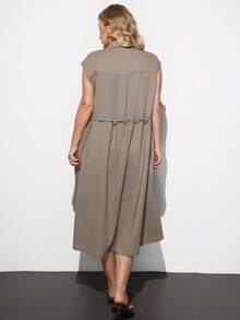 Maija Plus Size Women's Brown Summer Smart Casual Shirt Dress Solid Color Pleated Waist Tie Button Down Vacation Holiday Elegant Office Work Midi Dresses - Khaki - View 5