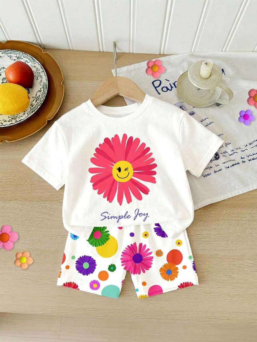Bộ áo thun ngắn tay in họa tiết thường ngày mùa hè cho bé gái - Nhiều màu - Xem 1