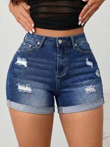 Pantalones cortos de mezclilla simples y diarios con huecos para mujeres, Shorts Mezclilla Stretch Bajo Doblez para mujeres, Jeans, Pantalones cortos vaqueros versátiles para mujer - Azul - Ver 3
