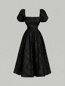 Skyraze Apricot Cutout Textured Petal Sleeve Square Neck Mid-Length Dress,Dresses For Women Summer - Black - View 3