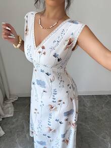 Gaivellea 女士印花V领无袖连衣裙，夏季 - 杏色 - 查看 6