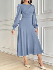 Modelyn Women Elegant Solid Color Lantern Sleeve Midi Dress, Autumn Long Evening Dresses - Blue - View 5