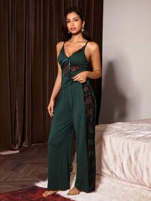 Slumberist Conjunto de pijama de 2 piezas de camiseta de tirantes con parches de encaje y lazo y pantalones, conjunto de pijama sexy para mujer - Verde - Ver 3