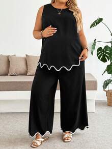 Plussiva 大码孕妇休闲度假通勤无袖上衣（波浪下摆）搭配可调节腰围阔腿裤两件套，春夏款 - 黑色 - 查看 4