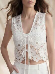 Zovinel Upgrade Version Spring/Summer Women's Lace Hollow-Out Embroidered Sleeveless Elegant Tank Top - White - View 5