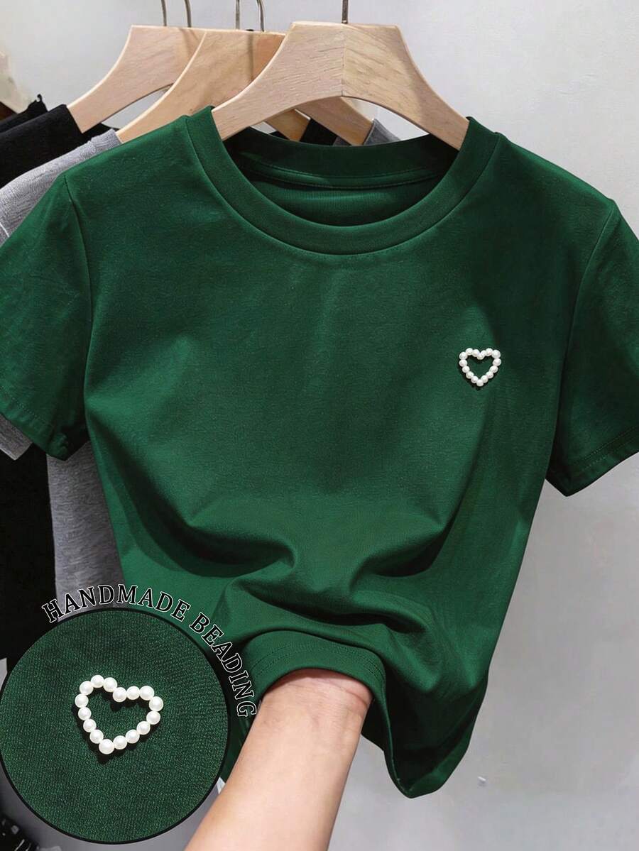 Resyla Heart & Pearl Decor Casual Short Sleeve T-Shirt, Summer Daily Wear - Green - View 1