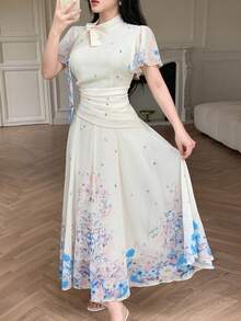 Modelyn 女士系带腰部褶皱印花喇叭连衣裙 - 彩色 - 查看 5