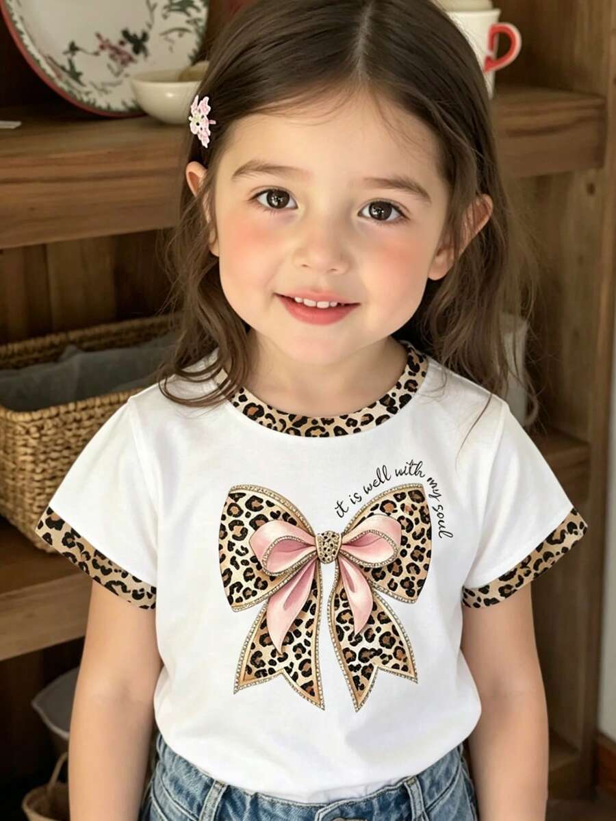 Ropa de primavera y verano para niñas bebés, camiseta de manga corta casual y cómoda con estampado de lazo y estampado de leopardo, adecuada para atuendos casuales de primavera/verano - Multicolor - Ver 1