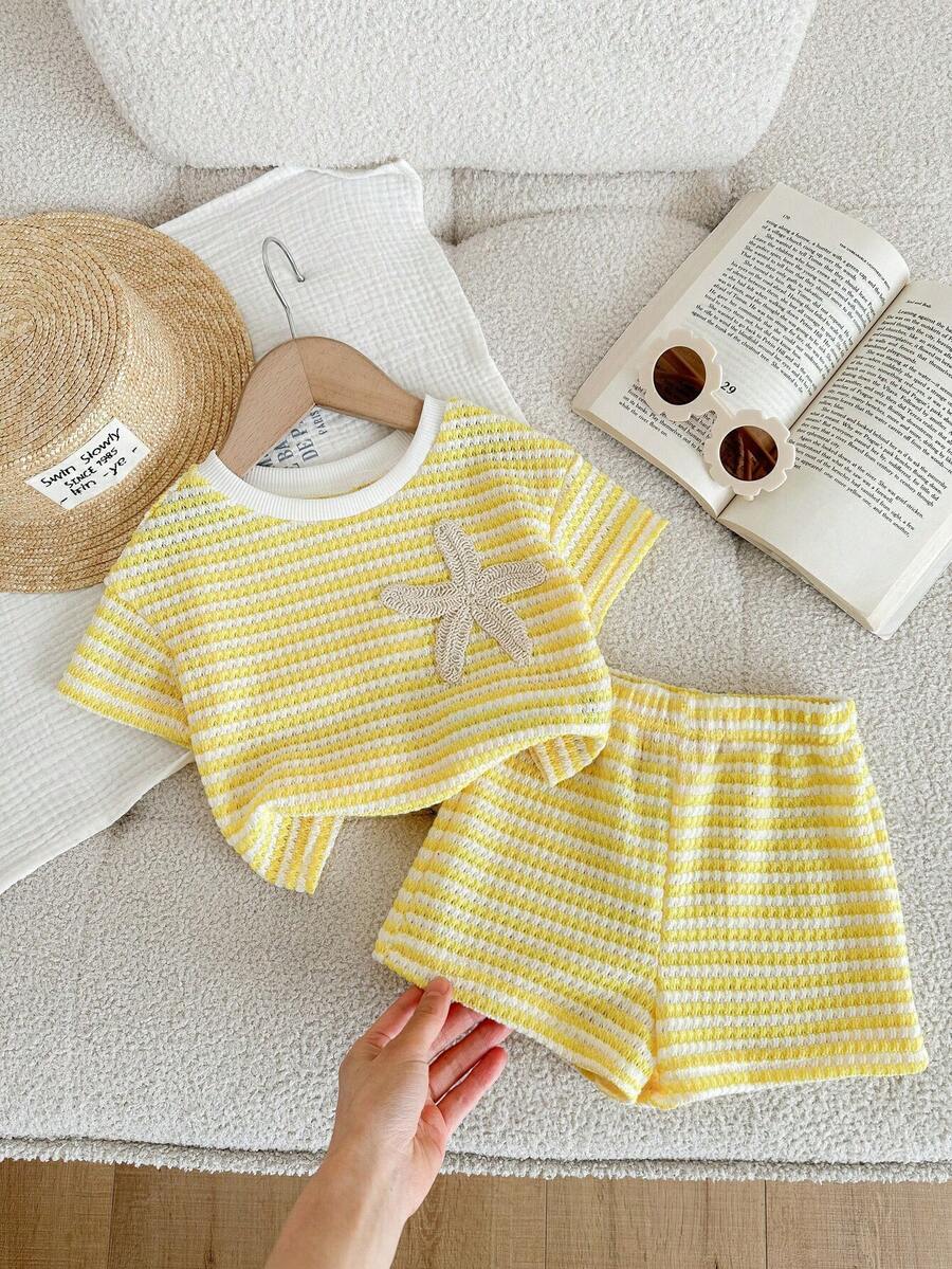 LMoss Kids 2pcs Baby Girl Knitted Striped Round Neck T-Shirt And Shorts Set - Yellow - View 1