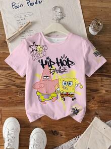 SpongeBob SquarePants | SHEIN 少女圆领短袖可爱卡通印花夏季T恤 - 白色 - 查看 1