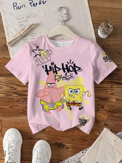SpongeBob SquarePants | SHEIN 少女圆领短袖可爱卡通印花夏季T恤