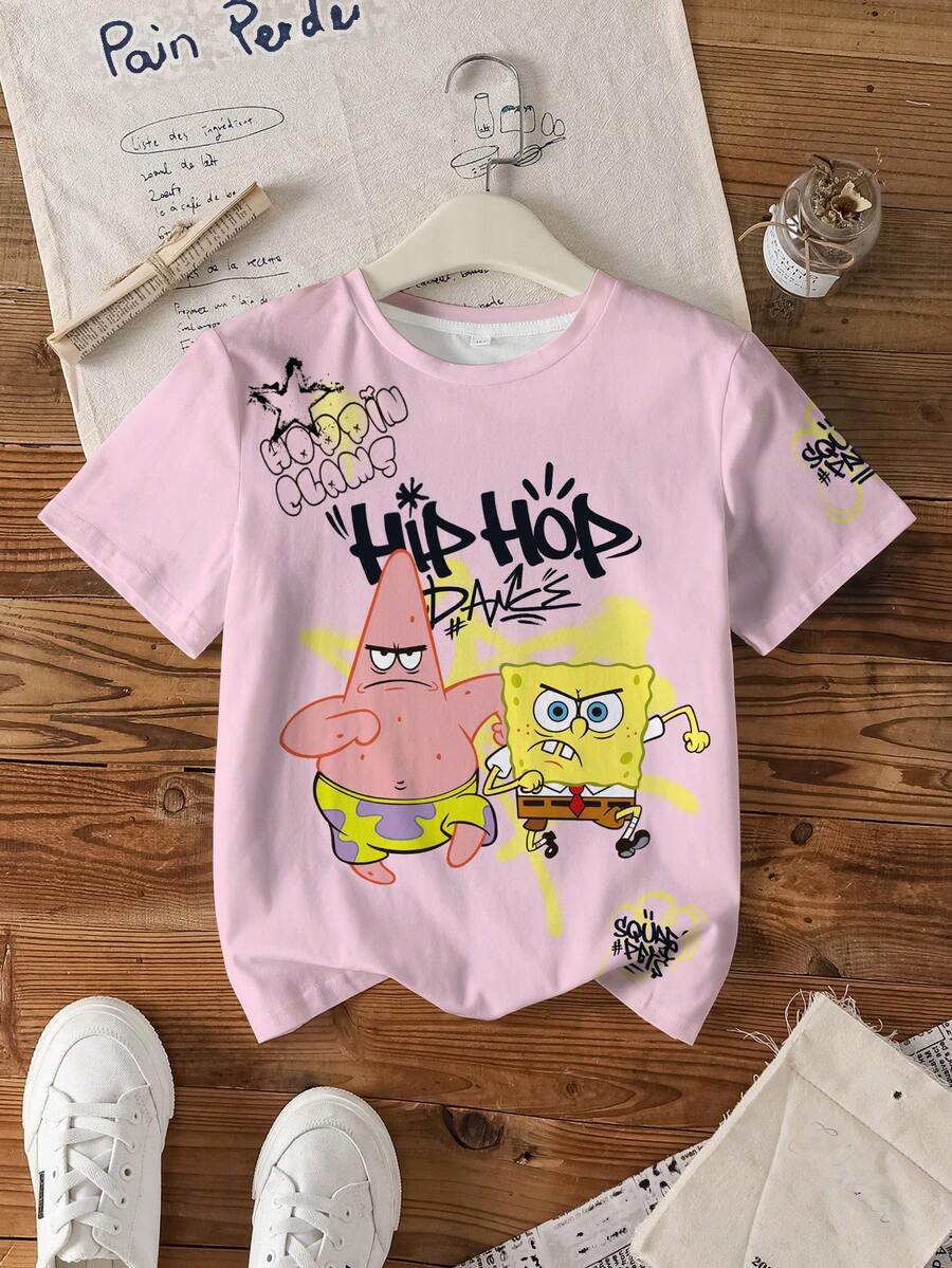 SpongeBob SquarePants | SHEIN 少女圆领短袖可爱卡通印花夏季T恤 - 白色 - 查看 1