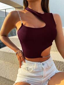 Glamine Women's Solid Color Metal Linked Casual Versatile Daily Wear Top - Red - View 4