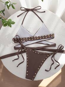 Swim Vcay Conjunto de bikini con top halter acolchado y unicolor para mujeres, primavera/verano - Marrón - Ver 2