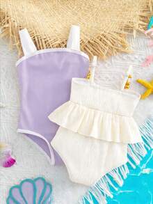 SHEIN Random 1pcs, Send 1pc Baby Girl Cute Black Hollow Flower Decor Romper Swimsuit For Summer - Purple - View 3