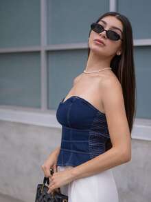 Andrea Bello Women's Buckle Design Fashion Fitted Denim Tube Top - Dark Wash - View 3