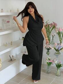 GalTyme Plus Size Women's Solid Color Minimalist Daily Wear Halter Top And Pants 2-Piece Set - Black - View 5