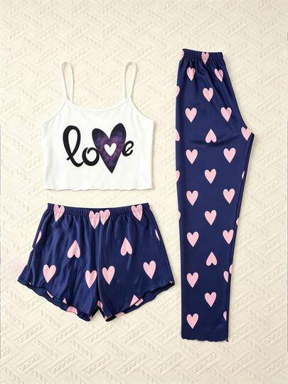 Conjunto de Pijama de 3 Piezas con Estampado de Leopardo y Labios para Mujer, Top de Tirantes, Pantalones Cortos y Largos, Ropa de Descanso Sexy y Cómoda para Casa