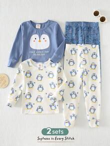 Cozy Pixies Bộ 4 món đồ chơi cho bé trai, họa tiết chim cánh cụt hoạt hình, chất liệu mềm mại, cổ tròn, tay ngắn và quần bó sát eo chun. - Xanh và trắng - Xem 9