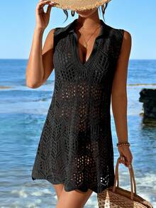 SHEIN Swim Vcay Đầm suông không tay cổ bẻ viền vỏ màu trơn cho nữ mùa hè - màu đen - Xem 4