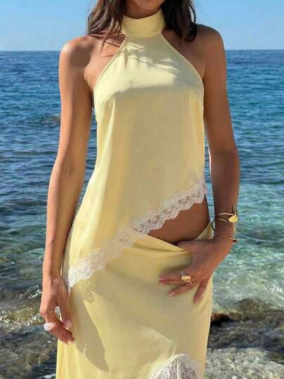 Optris Yellow Satin Contrast Trim Halter Neck Backless Asymmetric Hem A-Line Top, Women Summer Resort Beach Hawaii Sexy Elegant Casual Versatile,Elegant For Summer Vacation, Beach, Party, Romantic Outing, Daily Casual Wear,Summer Holiday Outfits,Formal Dress, Women's Social Outfits,Festival Outfits,Party Dress,Beach Outfit For Women,Wedding Party Dress,City Dressing,Boho Style,Vacation From Day To Night Bikini Cover Ups Dress Resort Wear Women Vacation Dress Beach Dresses For Women Brunch Dresses For W