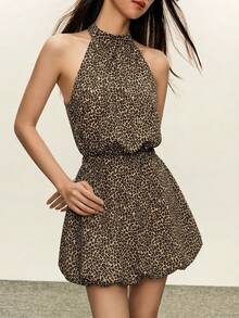 Rina Fox 复古美式豹纹露背吊带连衣裙，高端优雅性感收腰露背迷你连衣裙，夏季必备 - 卡其色 - 查看 4