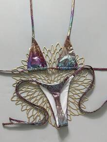Swim Vcay 2pcs/Set Snake Skin Textured Halter Neck Triangle Bra And Side Tie Thong Bikini Set,Purple Summer Y2k Beach Zebra Print Bathing Suit Swimwear - Multicolor - View 1
