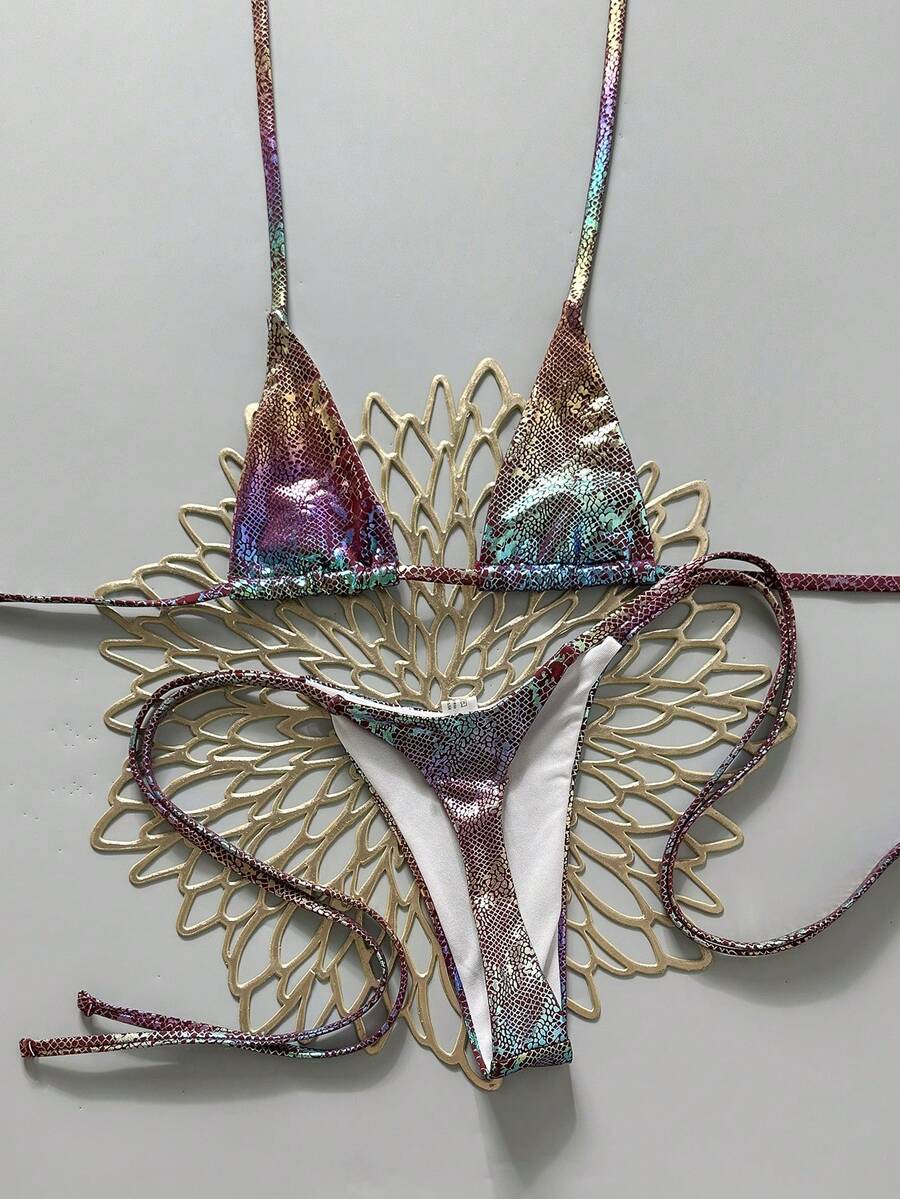 Swim Vcay 2pcs/Set Snake Skin Textured Halter Neck Triangle Bra And Side Tie Thong Bikini Set,Purple Summer Y2k Beach Zebra Print Bathing Suit Swimwear - Multicolor - View 1