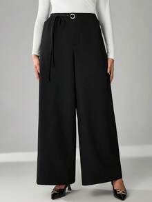 SHEIN Tall CURVE CURVE 新款加大码女式高腰阔腿裤，黑色休闲高腰阔腿裤，带拉链和口袋，腰带装饰，高腰设计让您看起来更苗条，腿部更修长，适合高个女性。高腰设计让您看起来更苗条，腿部更修长，适合高个女性。复古风格，适合所有季节和场合，适合高个女孩和女性，夏季阔腿裤，夏季阔腿裤，夏季休闲裤，夏季度假裤，女士长裤，春季穿搭，阔腿裤，办公裤，优雅裤，休闲裤，夏季高腰显瘦阔腿裤，优雅女士礼服裤，优雅派对裤，女士优雅裤，优雅长裤。女士度假装扮、女士假日装扮、夏季假日装扮、夏季度假装扮、女士休闲裤、女士性感裤装、狂欢节服装、2026年狂欢节女士造型、2026年狂欢节女士服装、狂欢节女士装扮 - 黑色 - 查看 3